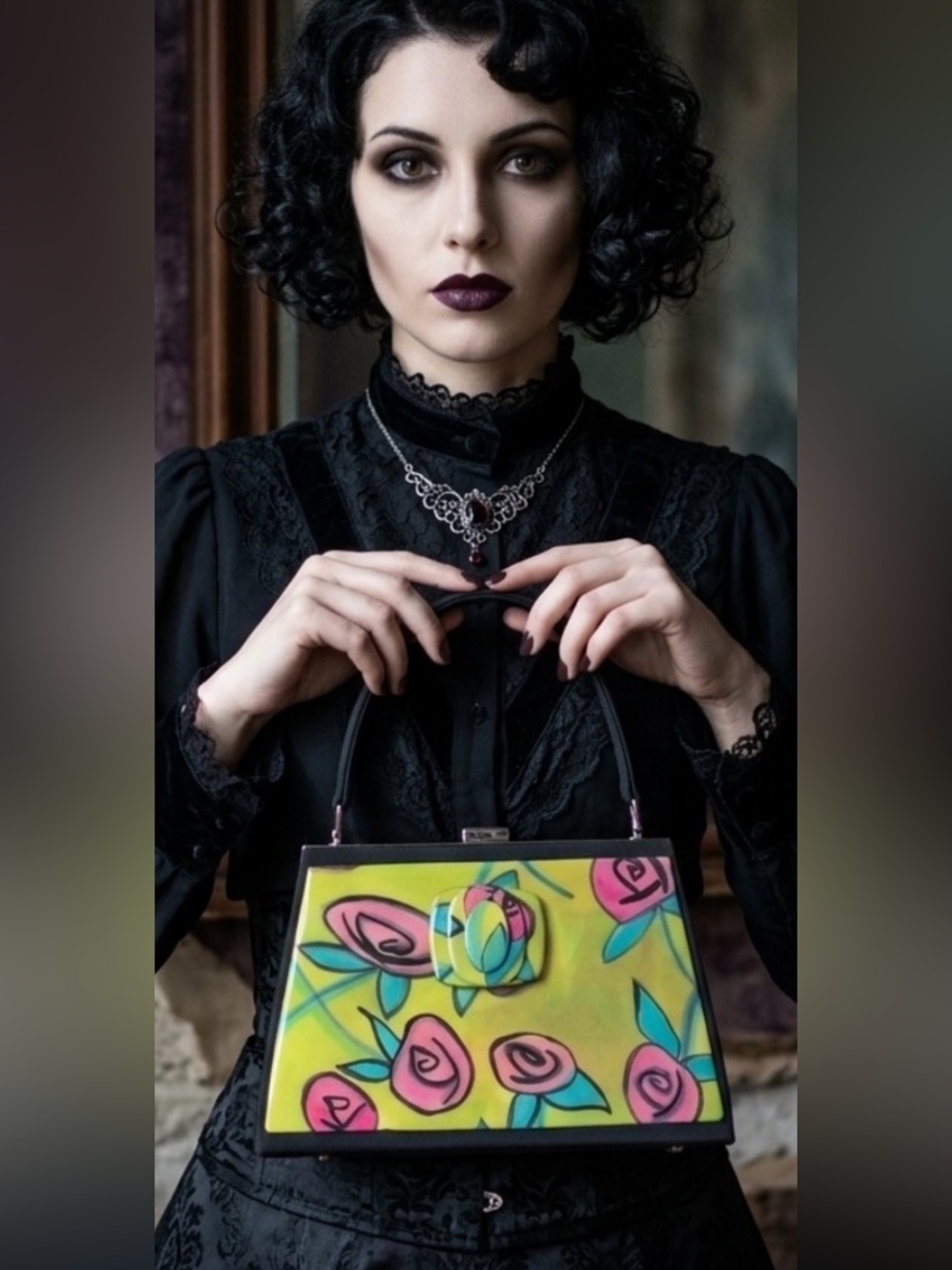 Angela Frascone hand-painted rose cocktail clutch